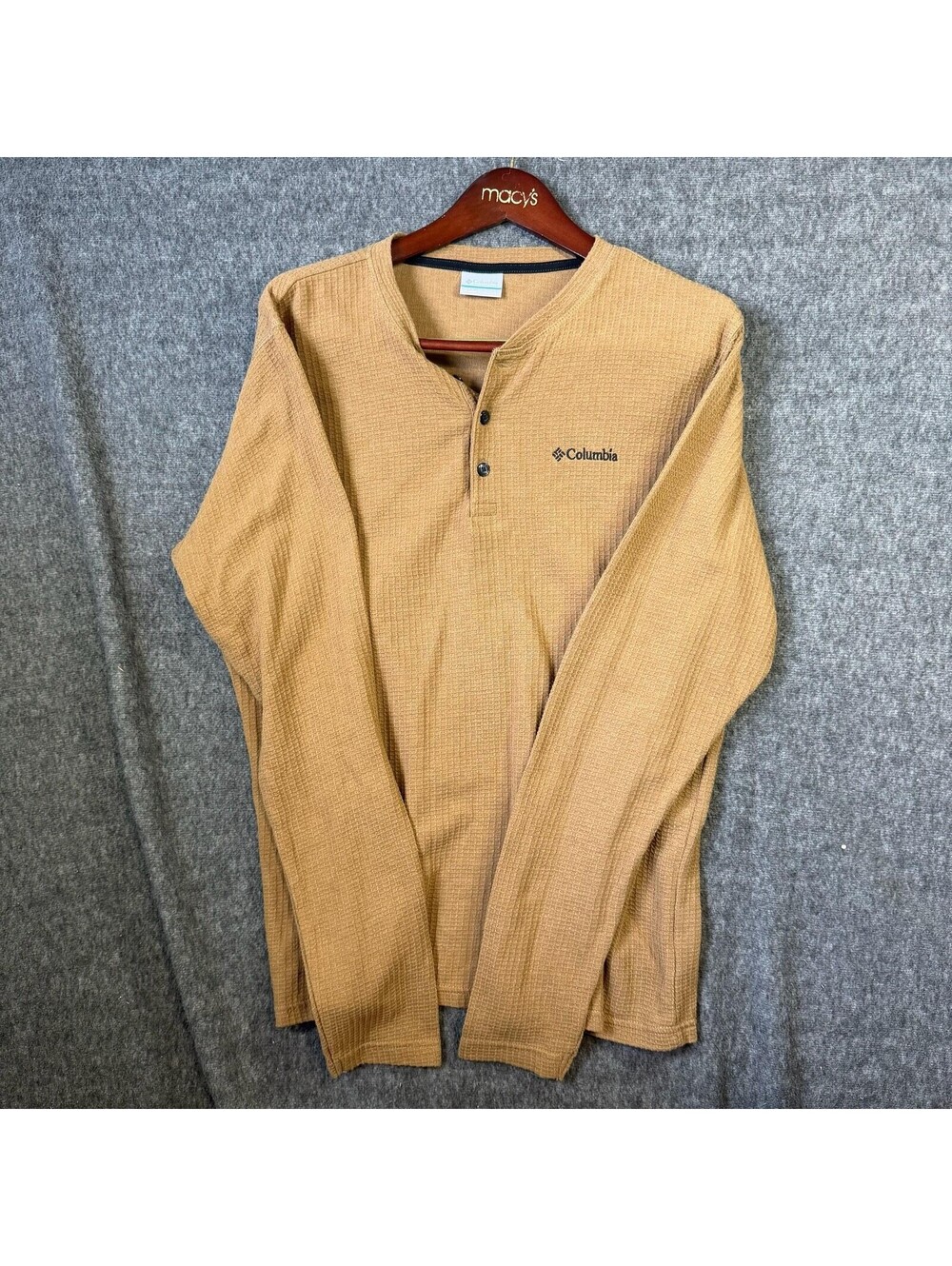 Columbia Thermal Henley Shirt Mens Large Beige Long Sleeve Waffle Knit Logo